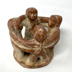 Mexican Folk Art Circle of Friends Pottery Candle Holder Statue Aztec Mayan Clay